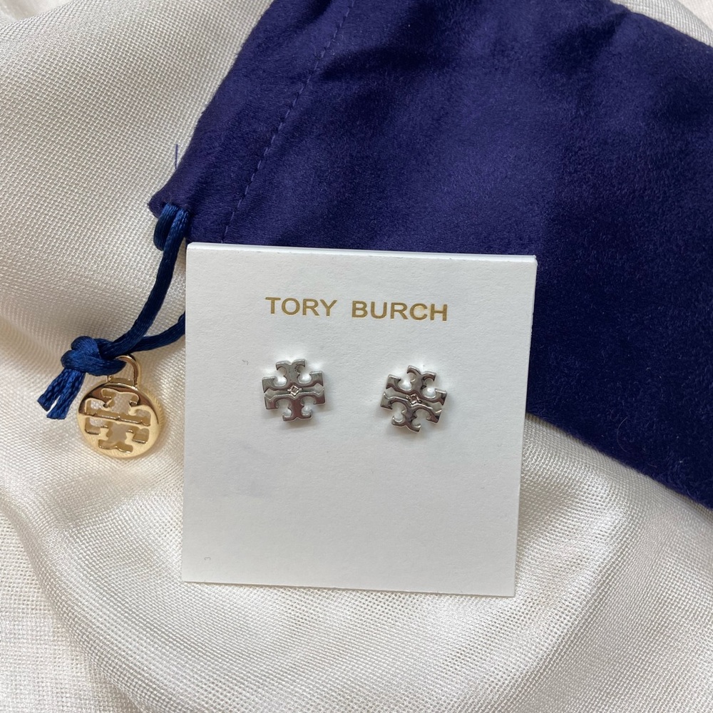 Tory Burch TB Silver Tone T logo stud earrings